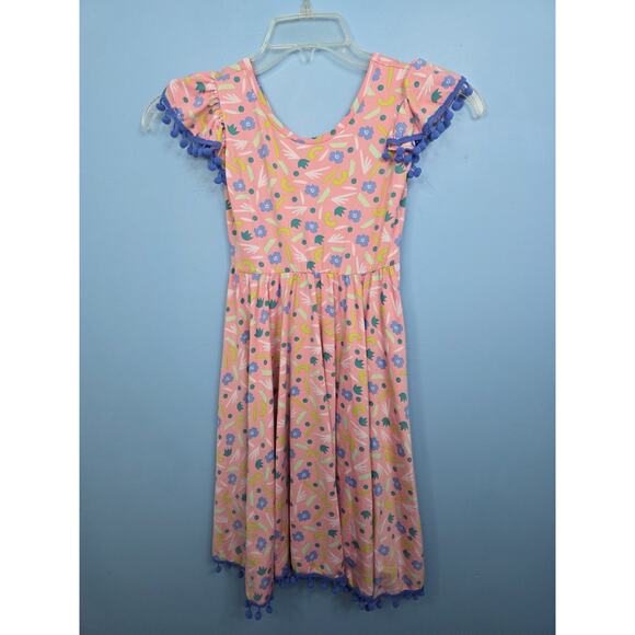 Dot Dot Smile Floral Vibrant Pink Pom Pom Empire Dress Size 8/10 - Picture 1 of 4